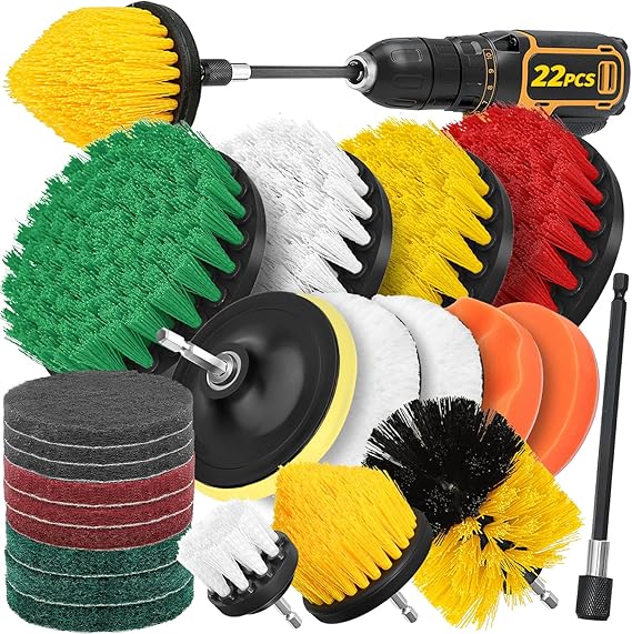 Drill Brush Attachment Set, 22pcs 1/4in Power Cleaning Brush with Scrub Pads + Extend Long Attachment, Scrubbing Brush for Cleaning Bathroom, Tile, Carpet, Grout, Car Wheels, Kitchen