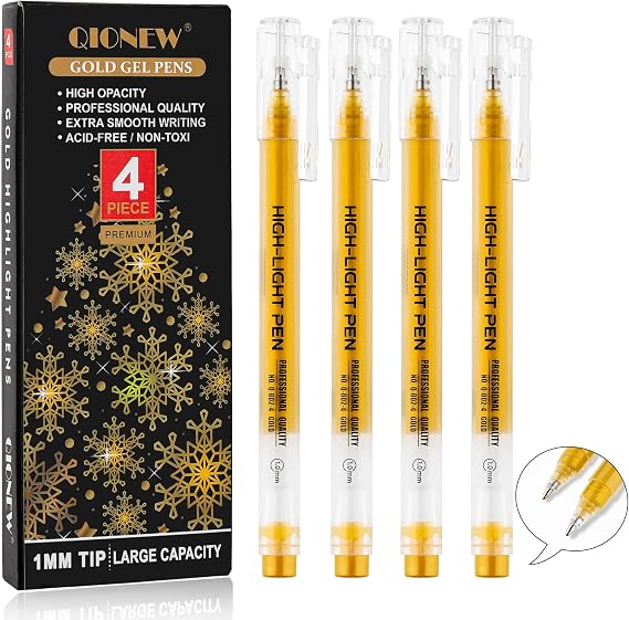 Qionew Gold Gel Pens, 1.0mm Gold Gel Ink Pen Set,Opaque Ink, Gel Pen for Artists, 4 Pack, for Black Paper Drawing, Bullet Journaling, Card Making, Art Highlight & Artists Drawing