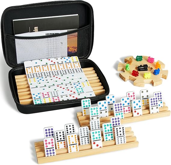 ELONGDI Mexican Train Double 12 Dominoes Set with 4 Wooden Trays/Racks in Portable Carrying Case Colorful 91 Tiles & 9 Trains Board Game for Family Game Night