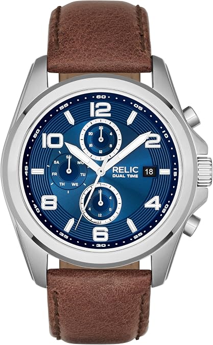 Relic by Fossil Men's Daley Multifunction Silver Stainless Steel and Brown Leather Band Watch, Watch for Men