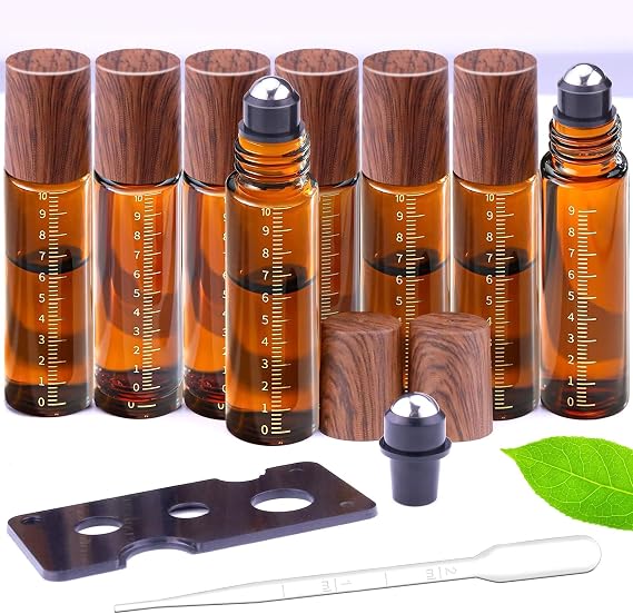 8 Pack Essential Oil Roller Bottles with Scale, 1/3 oz Amber Glass Roller Balls for Essential Oils, 10ml Empty Rollerball Bottles for Travel Refillable Roll on Perfume (Amber)