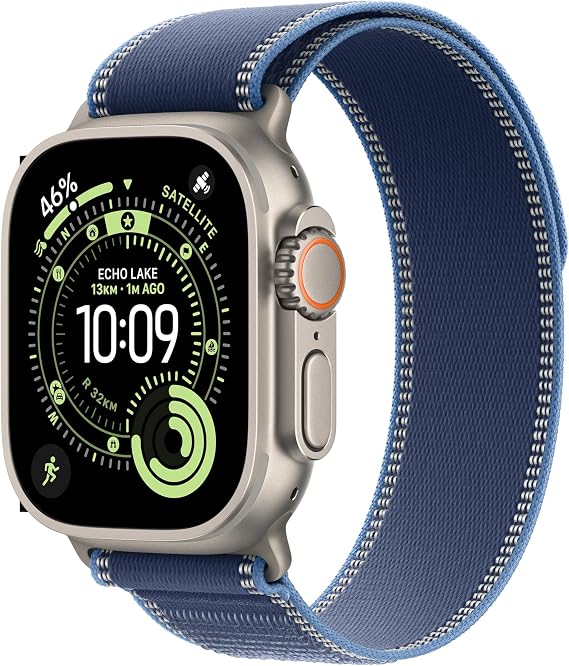 Apple Watch Ultra 3 GPS + Cellular 49mm Premium Running and Multisport Smartwatch with Rugged Natural Titanium Case with Blue/Bright Blue Trail Loop M/L. Advanced Health and Fitness Tracking
