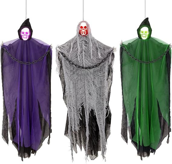 Halloween Hanging Skeleton Ghosts with Glowing Eyes (3 Pack)