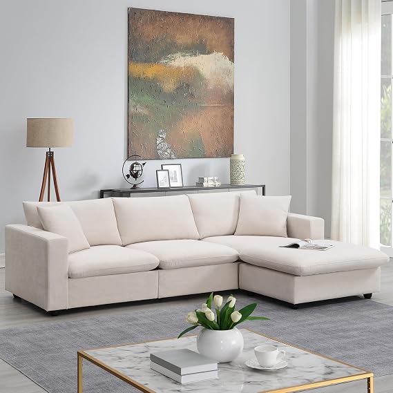 Modern L-Shaped 4-Seat Sectional Sofa Set,Polyester Fabric with Convertible Ottoman & 2 Pillows for Living Room,Apartment,Office,Beige
