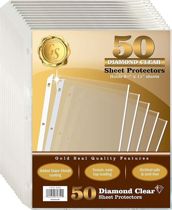 GOLD SEAL Sheet Protectors, 50 Pack 8.5 x 11 Anti-Glare Sheet Protectors for 3 Ring Binder, Top Load Page Protectors for 3 Ring Binder, Durable Clear Plastic Sleeves