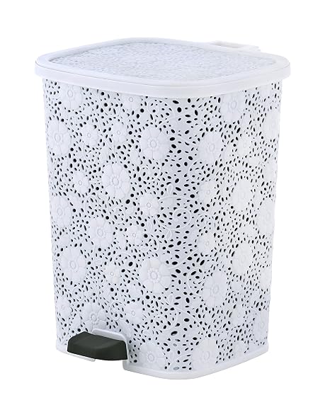 Superio Mini Outdoor Garbage Can 1.5 Gallon Small Trash Can with Foot Pedal Slim Plastic Waste Basket, White Lace Bathroom Trash Can with Lid 6 Qt Kitchen Cabinet, Bedroom, Patio, Under Desk Office