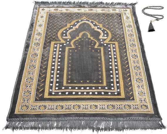 Turkish Muslim Prayer Rug, Mat with Beads for Men Women, Ramadan Hajj Gift (Gray)