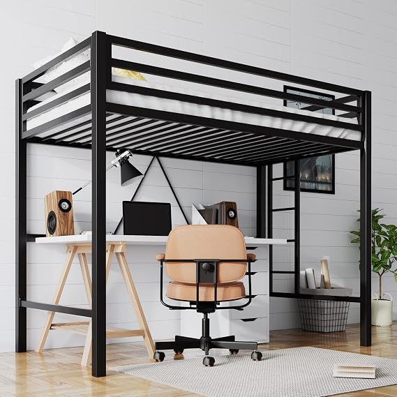 SHA CERLIN Loft Bed Twin Size with Ladder and Guardrail,Black | Heavy Duty Metal Slats Support,No Box Spring Needed,Small Space Saving Furniture for Bedroom Dorm