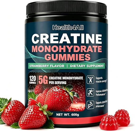 Health4All Creatine Monohydrate Gummies 5g for Men & Women, Creatine Gummy for Strength Energy & Muscle Growth Support Pre-Workout Supplement - Strawberry 120 Gummy