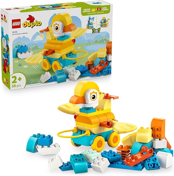LEGO DUPLO 3in1 Animals on Wheels - Educational Building Toy with Bricks to Build a Duck, Fish or Dog Toy with Wheels and a Pull Handle - Gift for 2+ Year Old Girls & Boys - 10448