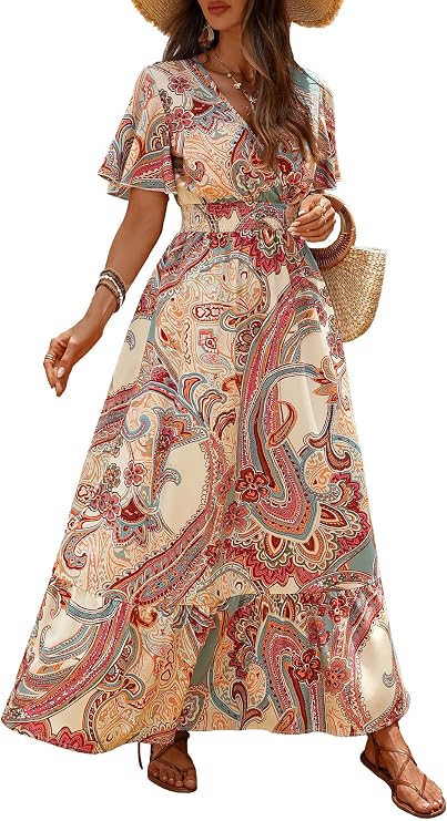 Womens Boho Floral Maxi Dress V Neck Spring Summer Ruffle Short Sleeve Fashion Beach Vacation Long Dress