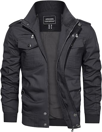 CRYSULLY Mens Cotton Military Jacket Lightweight Casual Windbreaker Stand Collar Bomber Jackets Coat with Multi Pockets