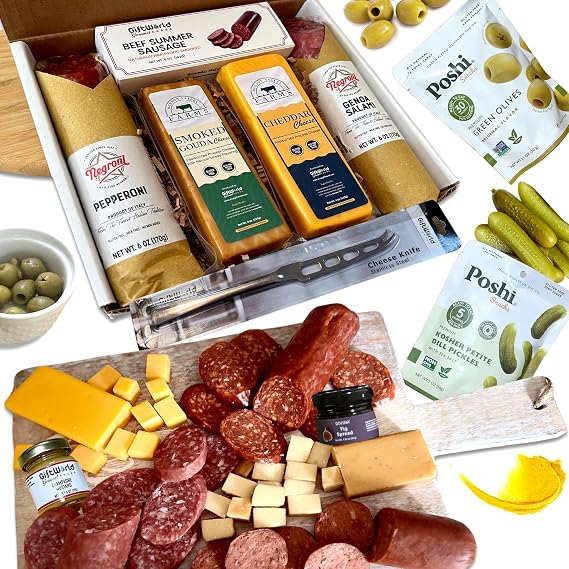 Deluxe Charcuterie Food Items, Meat and Cheese Gift Basket with Salami
