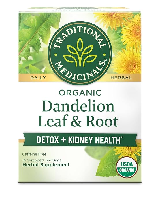 Traditional Medicinals Organic, Dandelion Leaf & Root - Dandelion Root Tea, Supports Normal Detox + Digestion - Kosher, Non-GMO, Caffeine-Free, Compostable - 16 Tea Bags