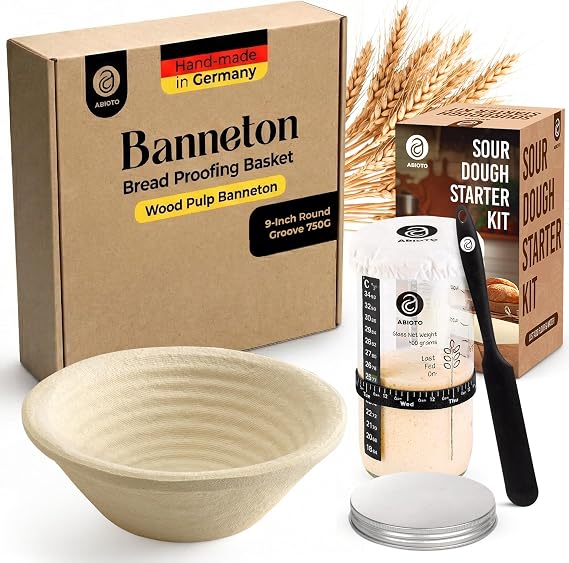 Sourdough Starter Jar Kit and 1.5 LB Round Wood Pulp Banneton with Grooved Pattern (Made in Germany) and 24 oz Sourdough Starter Jar, Thermometer Strips & Spatula Bread Proofing Set