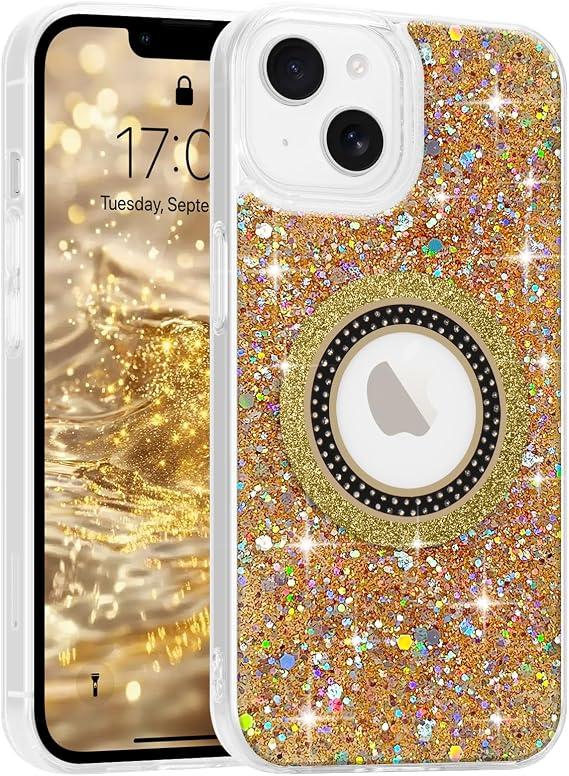 Teageo for iPhone 14 Case Glitter Compatible with MagSafe, Gold