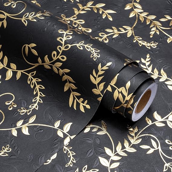 WRAPAHOLIC 3D Kraft Wrapping Paper Roll - Mini Roll - 17 Inch x 16.5 Feet - Gold and Black Leaves Design with Embossed Perfect for Birthday, Holiday, Wedding, Baby Shower