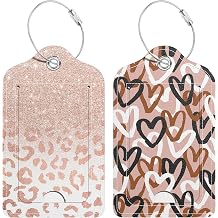 2 Pack PU Leather Luggage Tags for Suitcase, Travel Cruise Luggage Tag with Privacy Flap, Name ID Label and Metal Loop for Women Men Baggage Handbag School Bag Backpack, Heart Leopard