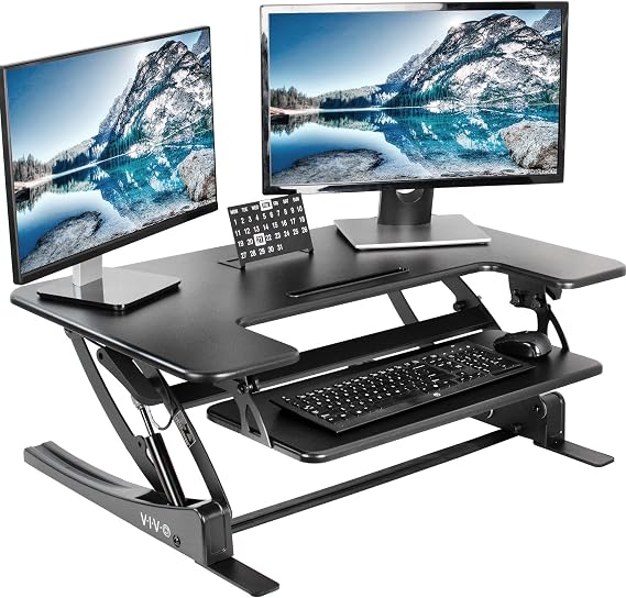 VIVO 91 cm Height Adjustable Stand Up Desk Converter, V Series, Quick Sit to Stand Tabletop Dual Monitor Riser Workstation, Black, DESK-V000V