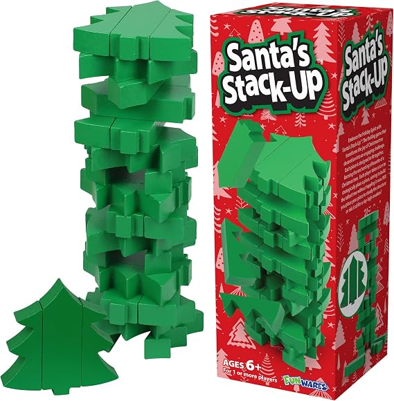Funwares Santa's Stack-Up Christmas Stacking Game, Tree-Themed Wood Blocks | Build the Tallest Christmas Tree Without a Tumble, 2+ Players, Holiday Family Game & Decoration, Durable Wood, Ages 6+