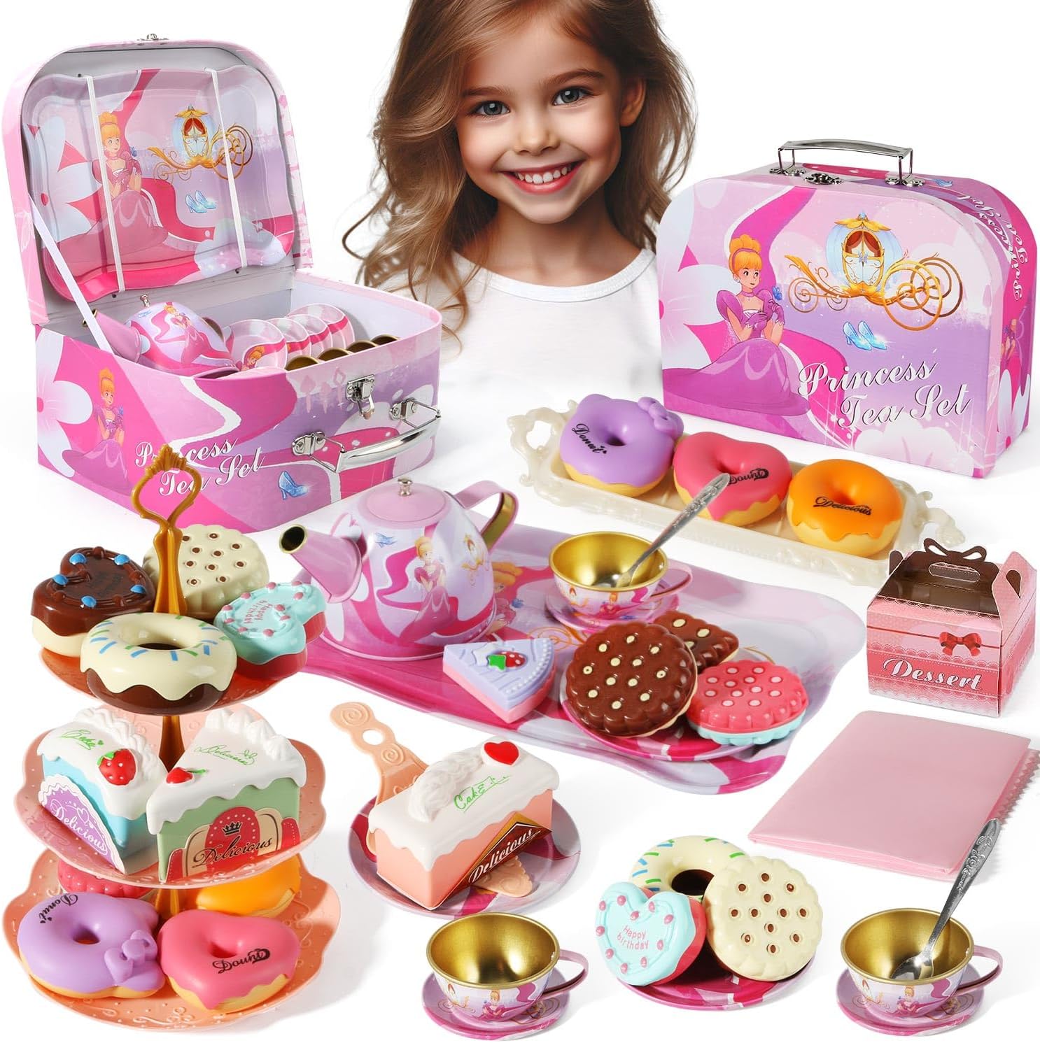 Cinderella Tea Party Set for Little Girls - Pretend Teapot Set Play Kitchen Toy, Perfect for Birthday for Girls Toddlers Ages 2-6