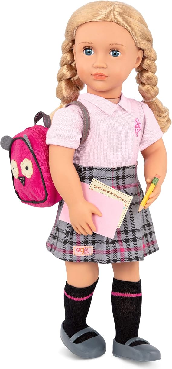 Our Generation Hally Doll Soft 18-inch Fashion Doll with Holiday Clothing Accessories Unique Grey-Blue Eyes and Curly Blonde Hair