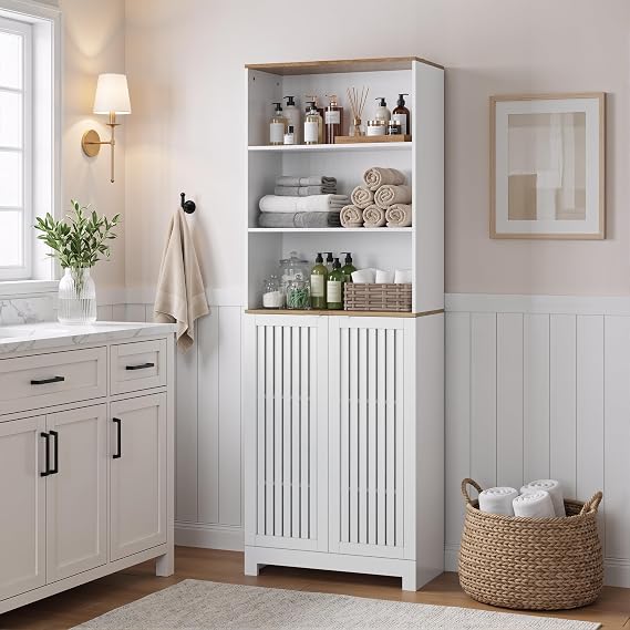 Smart FENDEE Tall Bathroom Storage Cabinet with 3 Open Shelves, Freestanding Cabinet with Louvered Doors for Bathroom, Laundry Room, Kitchen, Bedroom,60 * 30 * 170 cm
