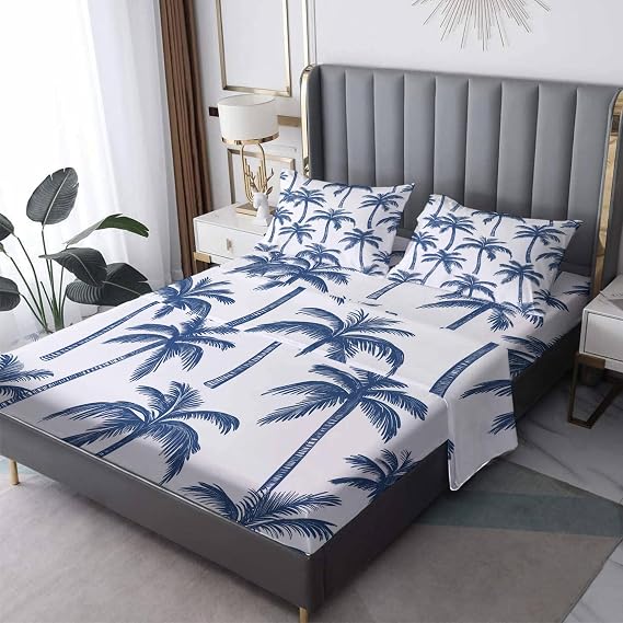 Palm Tree Sheets King Size, Tropical Hawaiian Sheet Set, Navy Blue Bed Sheets - 12 Inch Deep Pocket, Ultra Soft Winkle Free Microfiber Bedding Sheet & Pillowcases 4 Piece