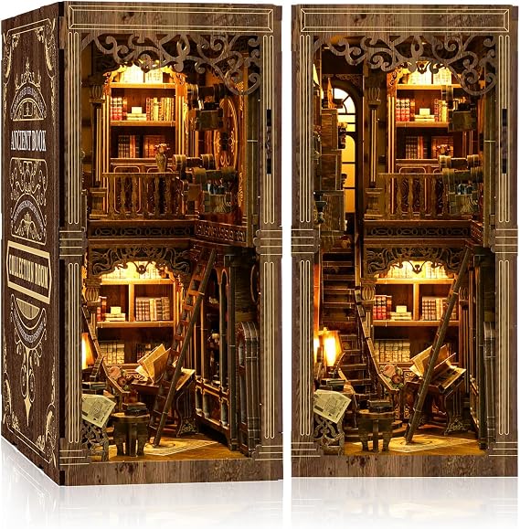 Book Nook Kit - (Classic Edition) - DIY Miniature Wooden Puzzle | Vintage Book Collection Room with LED Lights | 3D Dollhouse Bookend for Bookshelf Decoration | Creative Gifts