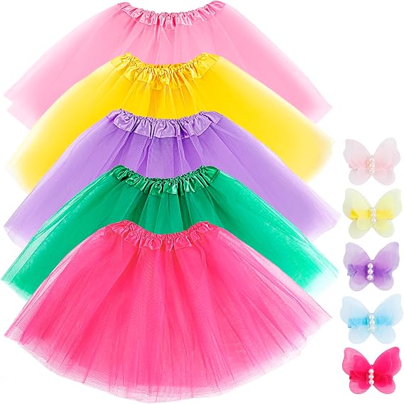 5 Pcs Tutu Skirt for Girls, 3-Layer Multicolor Tutu Skirts, Girls Tutus Dress with 5 Flower Hairpins for Kid 2-8 Year