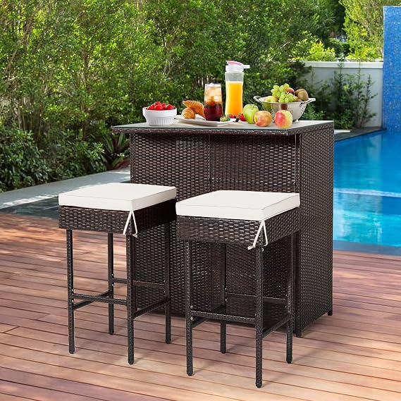 RELAX4FLIE 3-Piece Outdoor Bar Set, Patio Wicker Bar Height Table and Chairs Set with Cushioned Stools 2 Open Shelves & Glass Table Top, Rattan Bar Table Set for Poolside, Garden and Backyard (Beige)