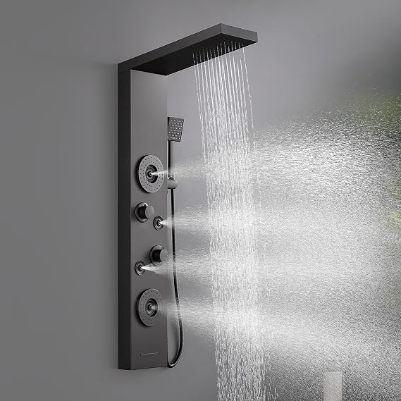 ROVATE 5 in 1 Rainfall Shower Panel Tower with Tub Spout, Matte Black
