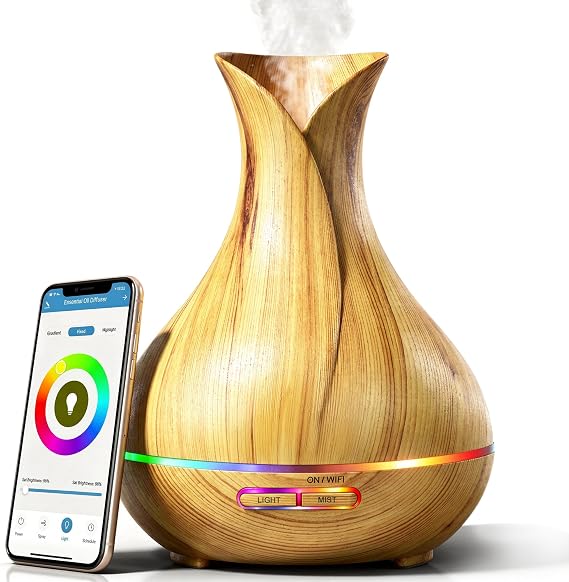Sierra Modern Home Smart WiFi Humidifier - Aromatherapy Essential Oil Diffusers with App Control & Voice Control - Works with Alexa & Google Home - 400ml Ultrasonic Diffuser & Humidifier - Light Brown