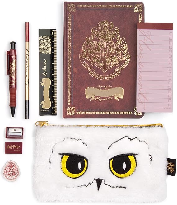 Harry Potter Stationery Set Boys & Girls | A5 Hogwarts Book, Notepad, Ruler, Writing Pen, Pencil, Eraser & Fluffy Hedwig Pencil Case | Back to School Gifts