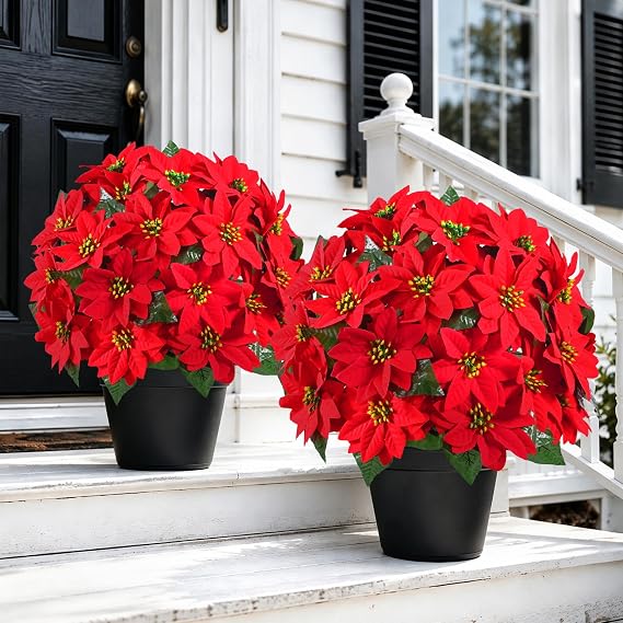 Dolicer 2 PCS Christmas Outdoor Artificial Poinsettia Flower Topiary Trees