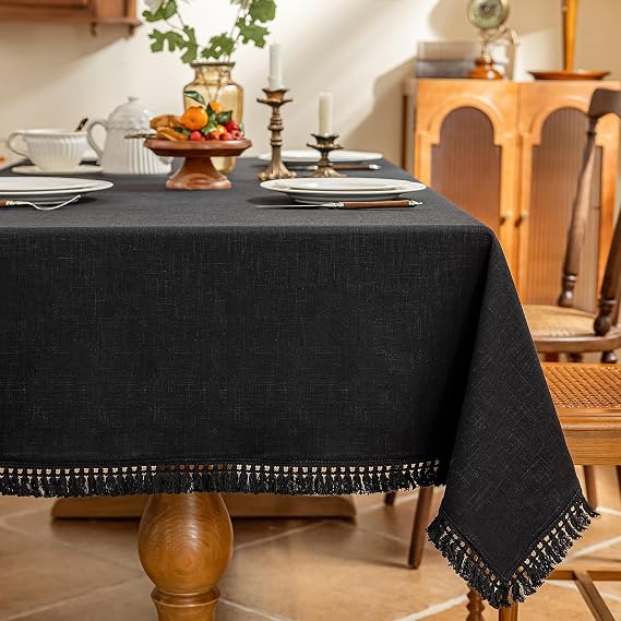 AmHoo Linen Tablecloth Table Cloth Stitching Tassel Rectangle Decorative Natural Table Cover for Kitchen Dinning Wedding Buffet 55 x 55 Inch Black