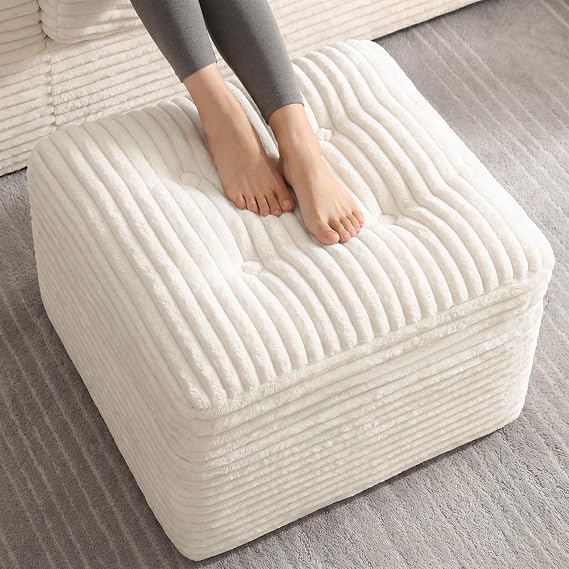 23.6in Pouf Ottoman, Corduroy Footstool Foot Rest Seating, Beige