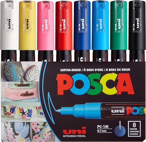 POSCA PC-1M Paint Markers, Extra Fine Tip (0.7mm), Assorted, 8 Pack