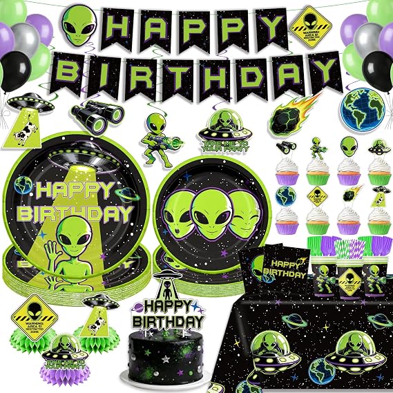 NeoRov 220 Pcs Alien Birthday Party Decorations Tableware Set - Service 25 Guests - Includes Banner, Cake Topper, Balloons, Plates And Napkins Paper