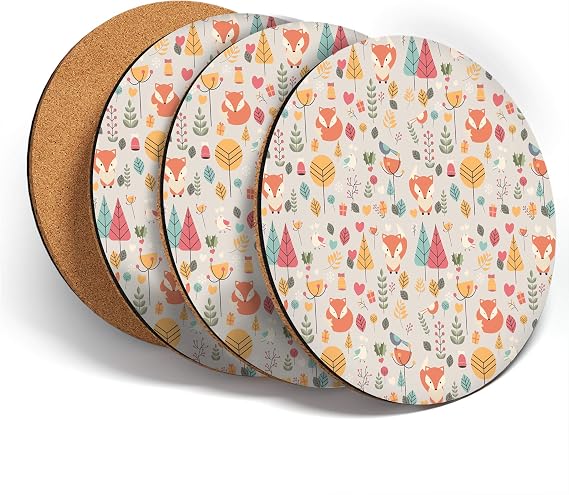 Destination Vinyl ltd Great Coasters (Set of 4) Round - Forest Fox Pattern Trees Birds Love Heart Drink Glossy Coasters/Tabletop Protection for Any Table Type #45058