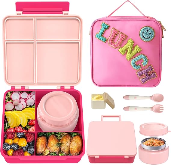 Aimsnk Lunch Box Kids with Thermo Insulated Lunch Bag for School, Pink | Bento Lunch Box for Kids with 8oz Food Jar, Leak Proof Hot Lunch Containers with 4 Compartment, Warm Lunchbox for Toddler
