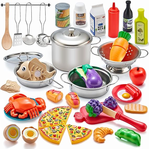 Pretend Play Accessories - 52pc Kids Kitchen Playset with Play Food, Stainless Steel Cookware, Toys Pots and Pans, Toddler Kitchen Set with Cuttable Toy Food - Boys and Girls Gift