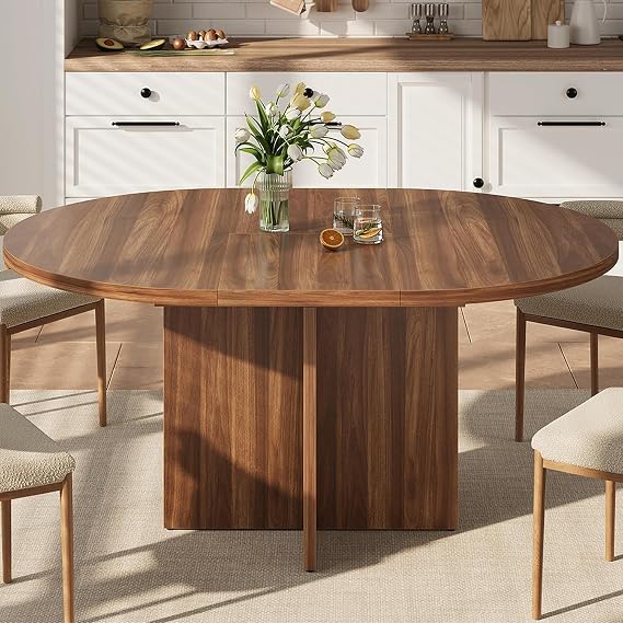 IDEALHOUSE 43.3''-59'' Extendable Round Dining Table Kitchen 4-8, Walnut