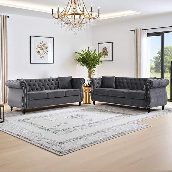 2 Piece Modern Grey Velvet 80" 3-Seater Sofa Sets, Upholstered Tufted Backrests with 8" Rolled Nailhead Arms, Combination Couch with 4 Pillows for Living Room