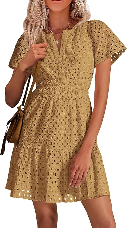 PRETTYGARDEN Women's Summer Eyelet Lace Short Dresses | Embroidered Hollow Out, Short Sleeve V Neck, Ruffle A Line, Cute Casual Trendy, Party Wedding Guest, Beach Vacation Clothes