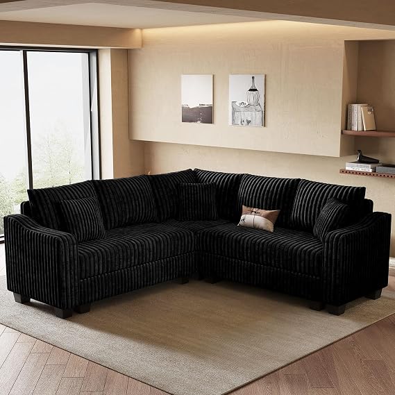 Belffin Convertible Sectional Couch with Chaise Corner Sectional Sofa L Shaped Couch Reversible Corner Upholstered Couches for Living Room Corduroy (Black, V Shaped)