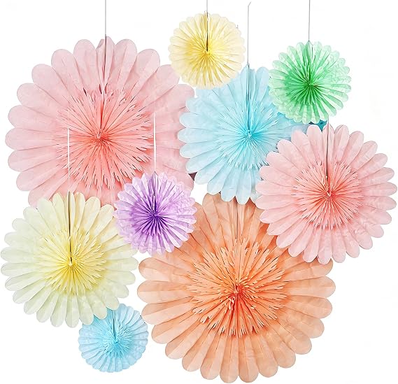 Paper Jazz 9pcs Spring Pastel Paper Fans Party Decoration,Paper Flowers Wall Decoration, Rainbow Birthday Party Decorations Tissue Pom Poms for Birthday Wedding Baby Shower Classroom.