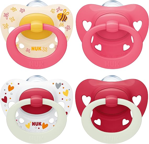 NUK Signature Day & Night Pacifier | 6-18 Months | Calms 95% of Babies | BPA-Free Silicone Heart Pacifiers | Glow in the Dark | Hearts | 4 Pack