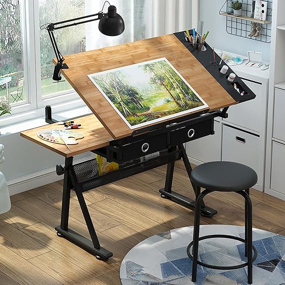 Drawing Table Adjustable Drafting Table with Stool, Tiltable Draft Desk Drawing Table, Bamboo/ Tabletop Drawing Table, with Storage And Drawers, Art Desk for Drawing Painting Work Study beautifu