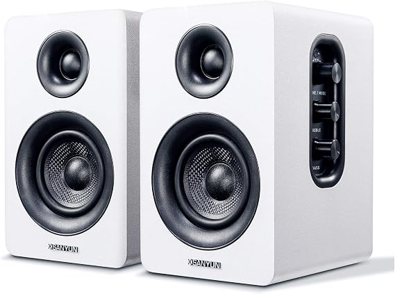 Sanyun SW208 3" Active Bluetooth 5.0 Bookshelf Speakers, Built-in 24bit DAC | 60W Carbon Fiber Speaker, USB and 3.5mm AUX Input, Dynamic 3D Surround Sound, 2.0 Computer PC Monitor Gaming (Pair, White)